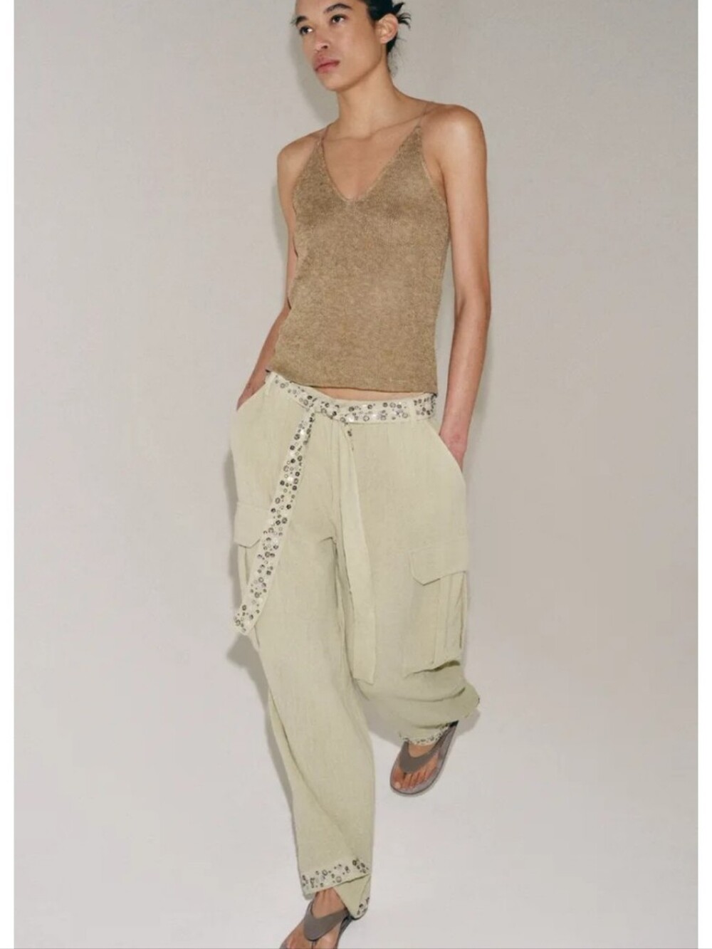 Sequin Cargo Pants - Light Beige Casual Festival Cargo Pants Sz-L
